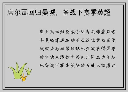 席尔瓦回归曼城，备战下赛季英超